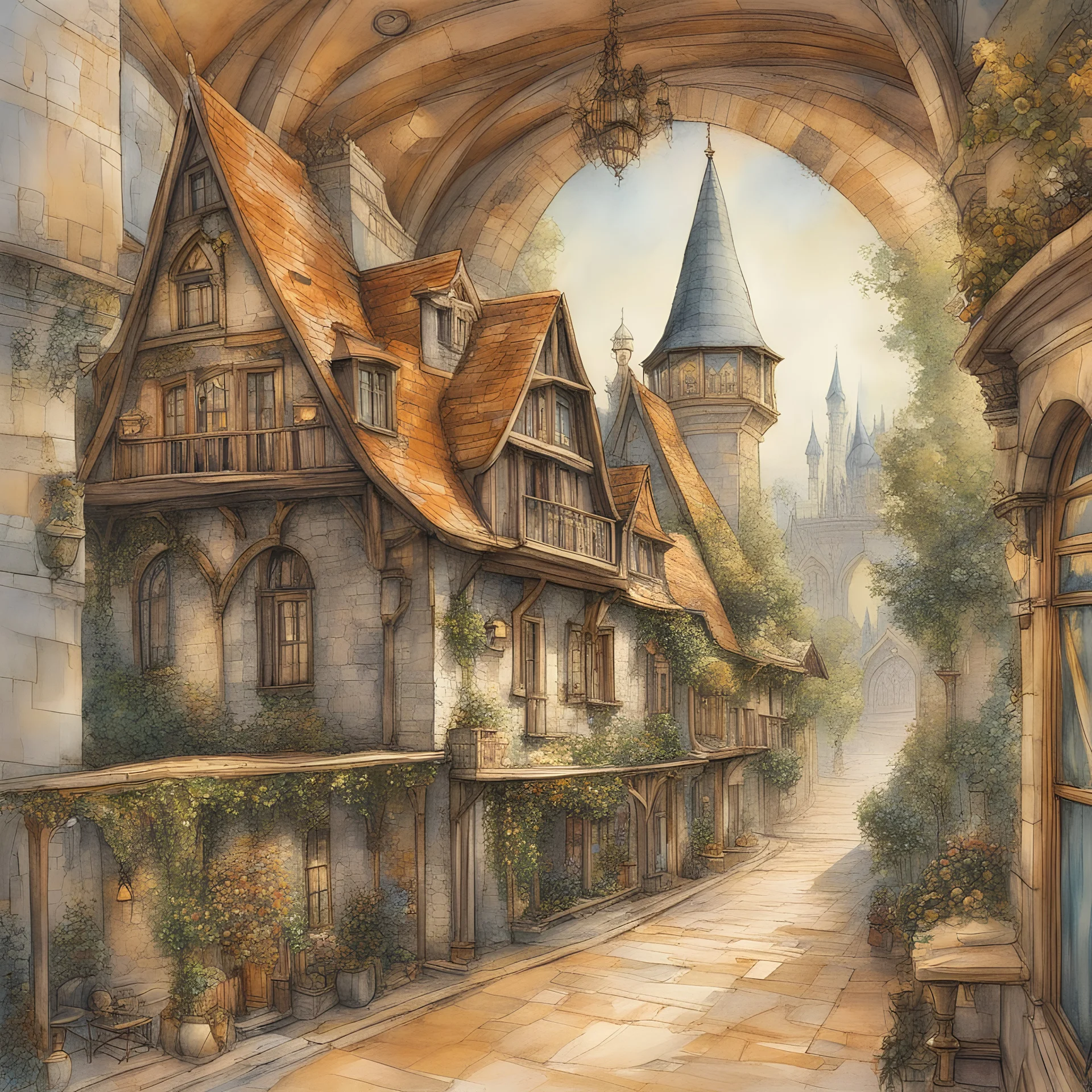 Style Cézanne, luxury, dream world, calm beauty, fantasy world, magic, beautiful composition, exquisite detail, Fantasy city, steampunk, elven, sketch drawing, lineart, watercolour