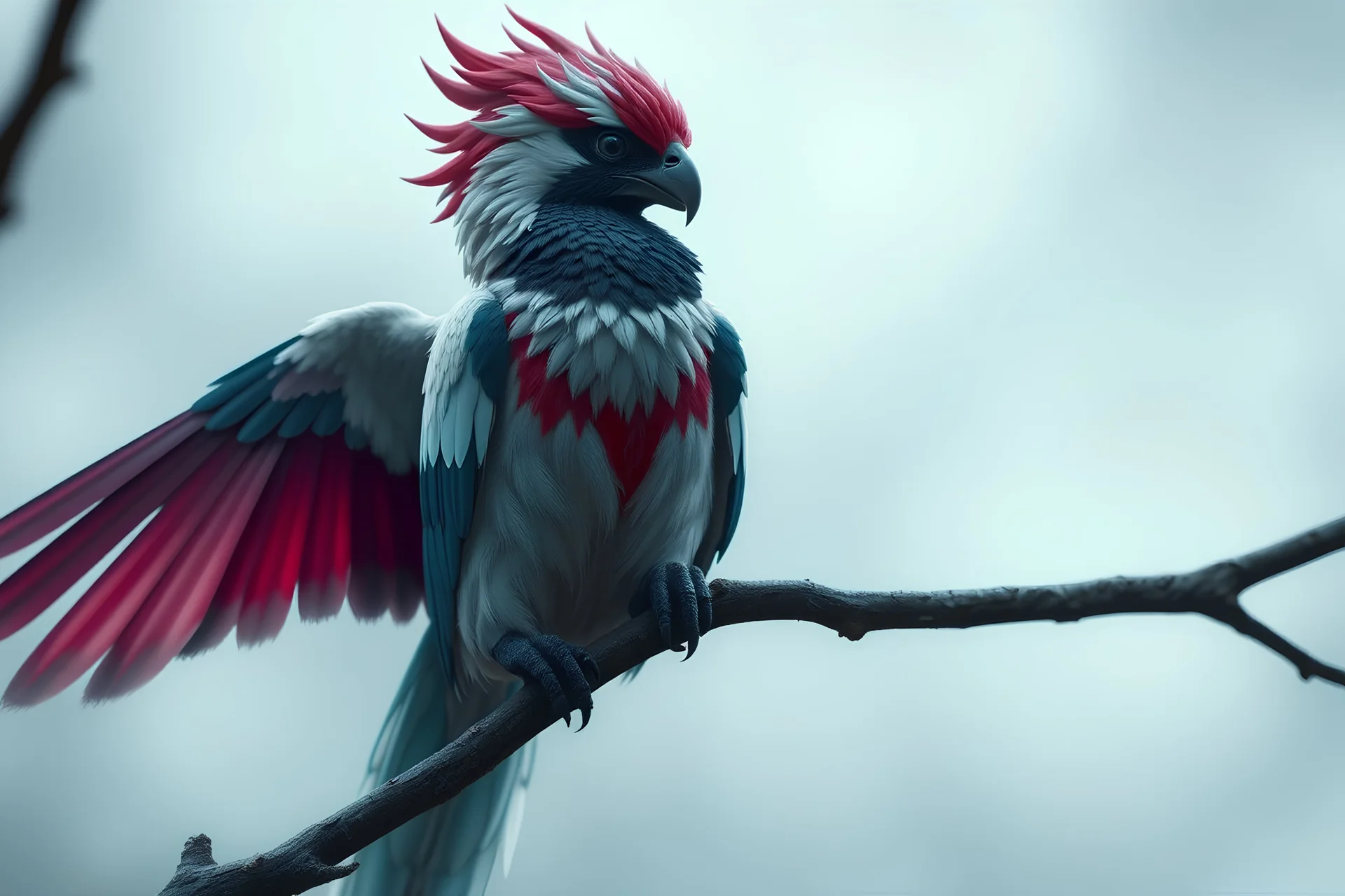 ( ivory, white, teal, violet, red) half woman half bird, mythical hybrid creature bird with a female head and sits on a branch, Camera settings: full frame, 100mm lens, f/1.2 aperture, ISO 100, shutter speed 60 seconds. Cinematic Lighting, Unreal Engine 5, Cinematic, Color Grading, Real Time Photo, Shot with 70mm Lens, Depth of Field, Depth of Field, Tilt Blur, Shutter Speed ​​1/2500, F/13, White Balance