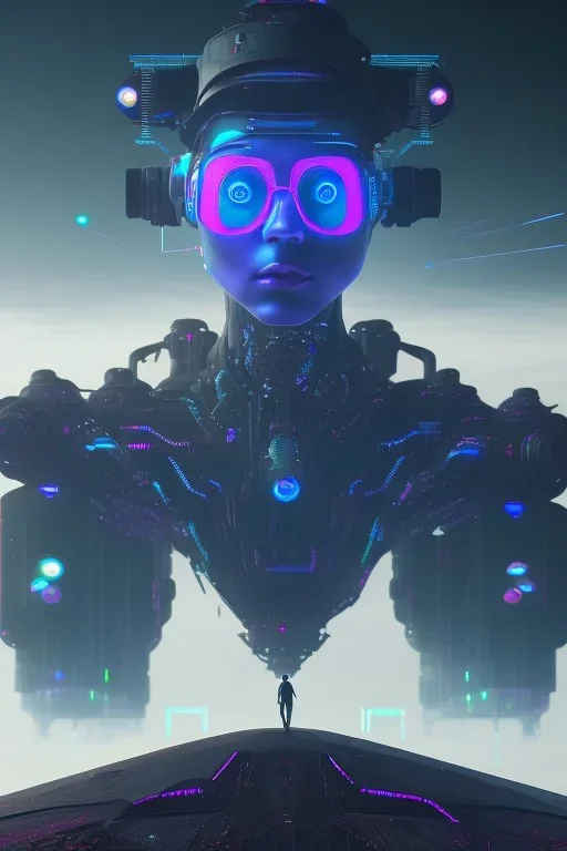 holographic projection of an AI head hovering over an cyberpunk landscape in the distance, a small human walking towards the head, high quality, 4k resolution, high details