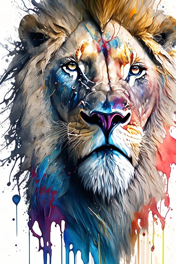 "lion", clean design, art station, splash of colorful paint, contour, ((solid white background)), looking into camera, hyperdetailed intricately detailed, unreal engine, fantastical, cinema lighting, intricate detail, splash screen, complementary colors, fantasy concept art, 8k resolution, DeviantArt masterpiece, watercolor, paint dripping