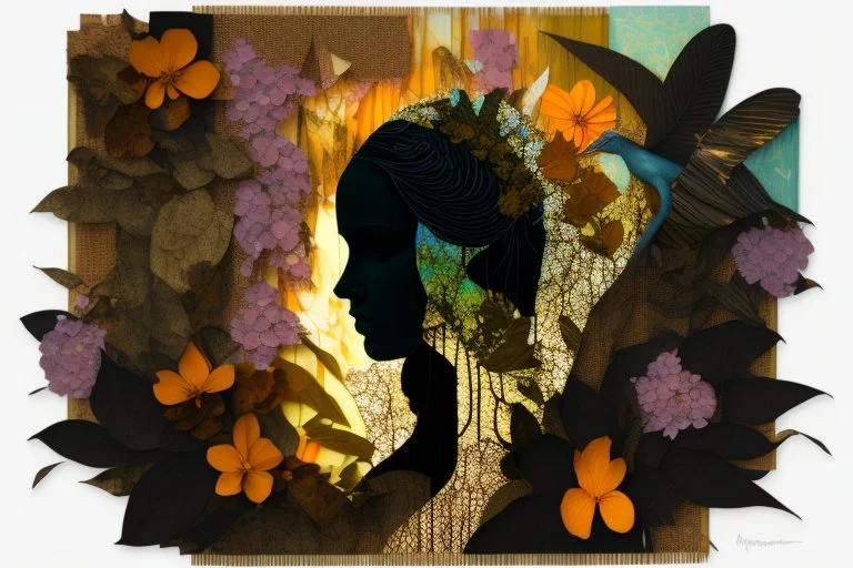 double exposure, dark night, Rainforest, flowers, birds, sleeping goddess merged layers, waterfall Patchwork and painting by Meghan Duncanson and Jennifer Lommers and Didier Lourenço in sunshine plastic 3D effect ochre, burlap, mirror foil in candlelight