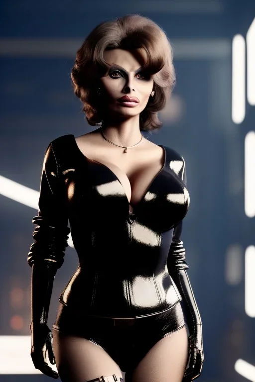 Sophia Loren dressed in shiny black leather, blade runner, busty, cleavage, volumetric lighting, particales,highly detailed,cinematic, deep colours,8