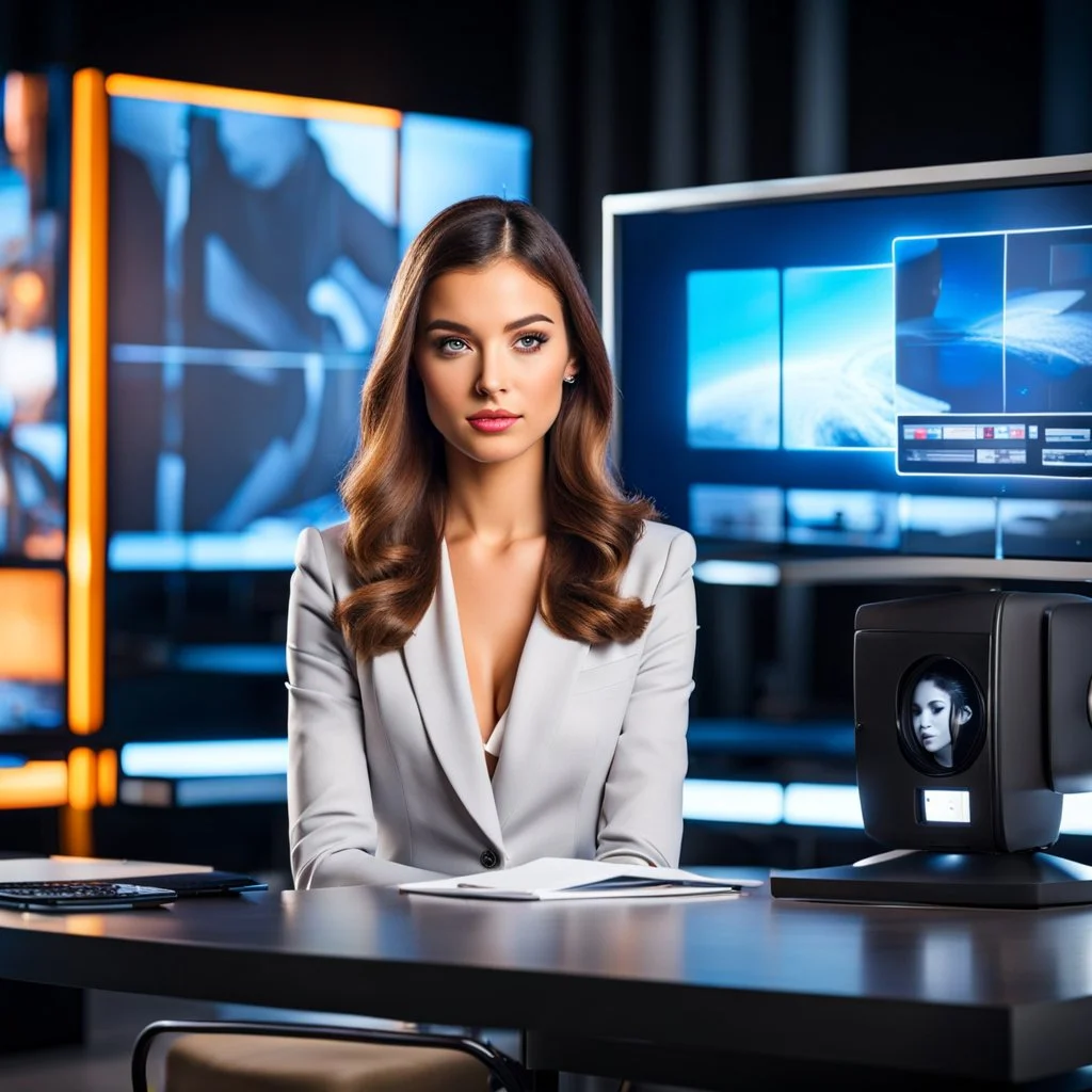 amodern tv studio a beautiful girl perfect face sitting next to desk presenting news looking at camera, with picture of an old man in tv screen at background