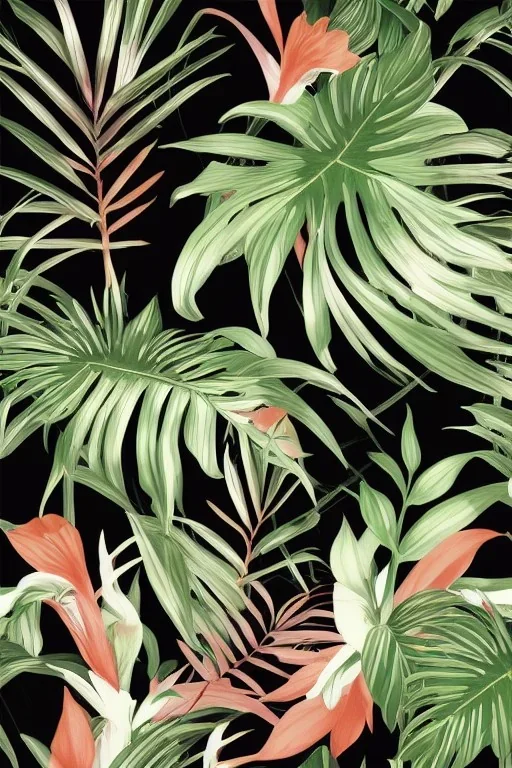 exotic tropical print with beautiful and elegant elements perfect for a range of end products from fabrics, fashion, home decor to paper and wallpapers : : black background, art nouveau, trending on artstation