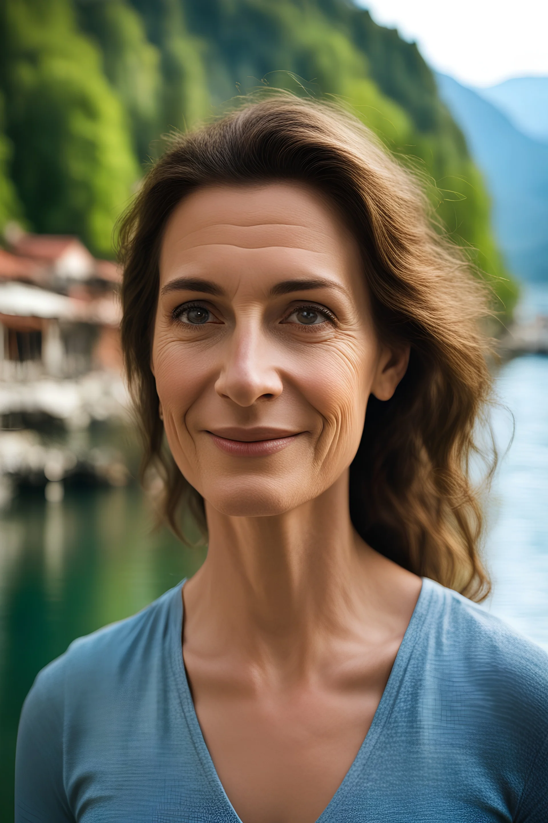 Create a realistic photograph of a small Italian town at Como Lake in late spring with a portrait of a 40-year-old, beauty, slim Polish woman with brown hair. Use a 30 mm lens with bokeh and a Fuji T30 camera.