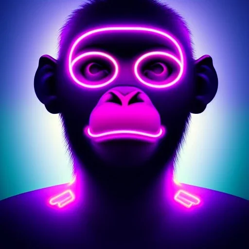 A beautiful portrait of a cyborg monkey purple neon color scheme, high key lighting, volumetric light high details psychedelic background