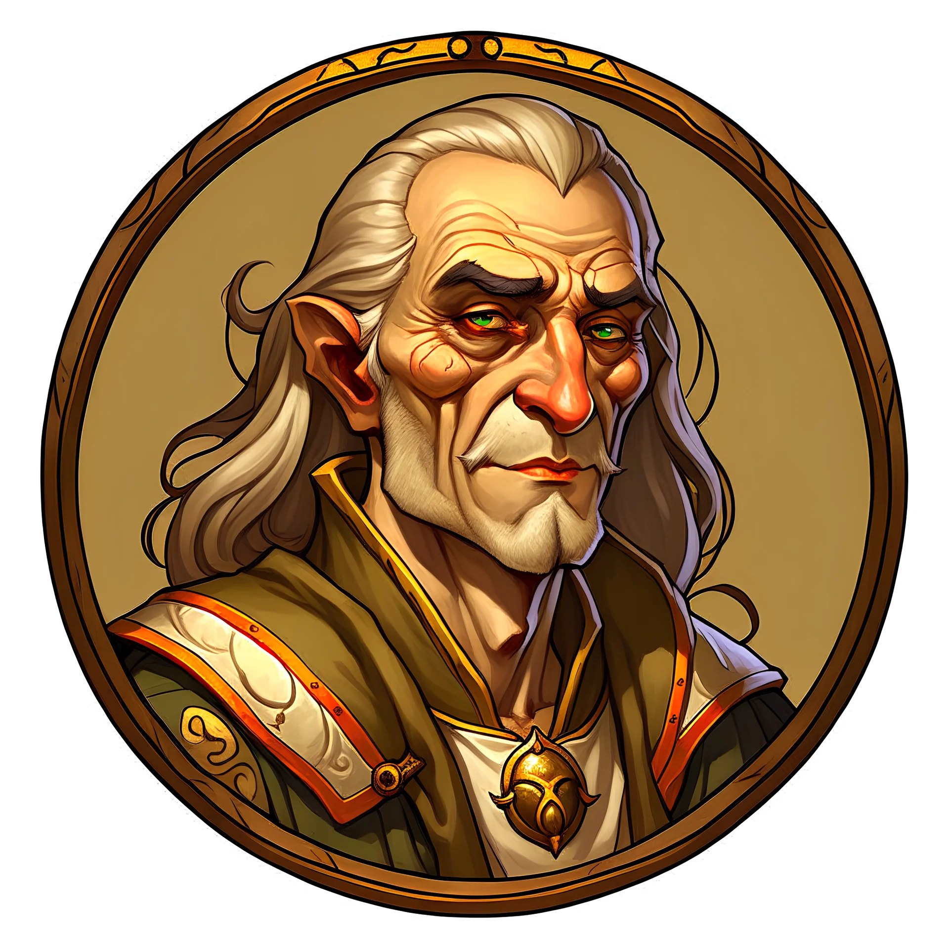 (round) (dnd token) portrait of charming bent-back old male eladrin, artstation, no background