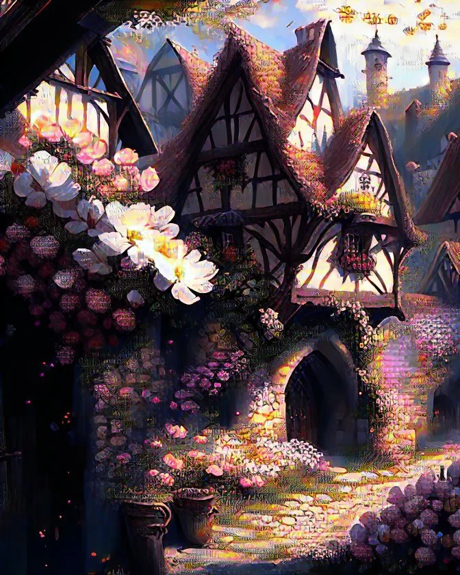 medieval fantasy village with flowers rpg art painterly