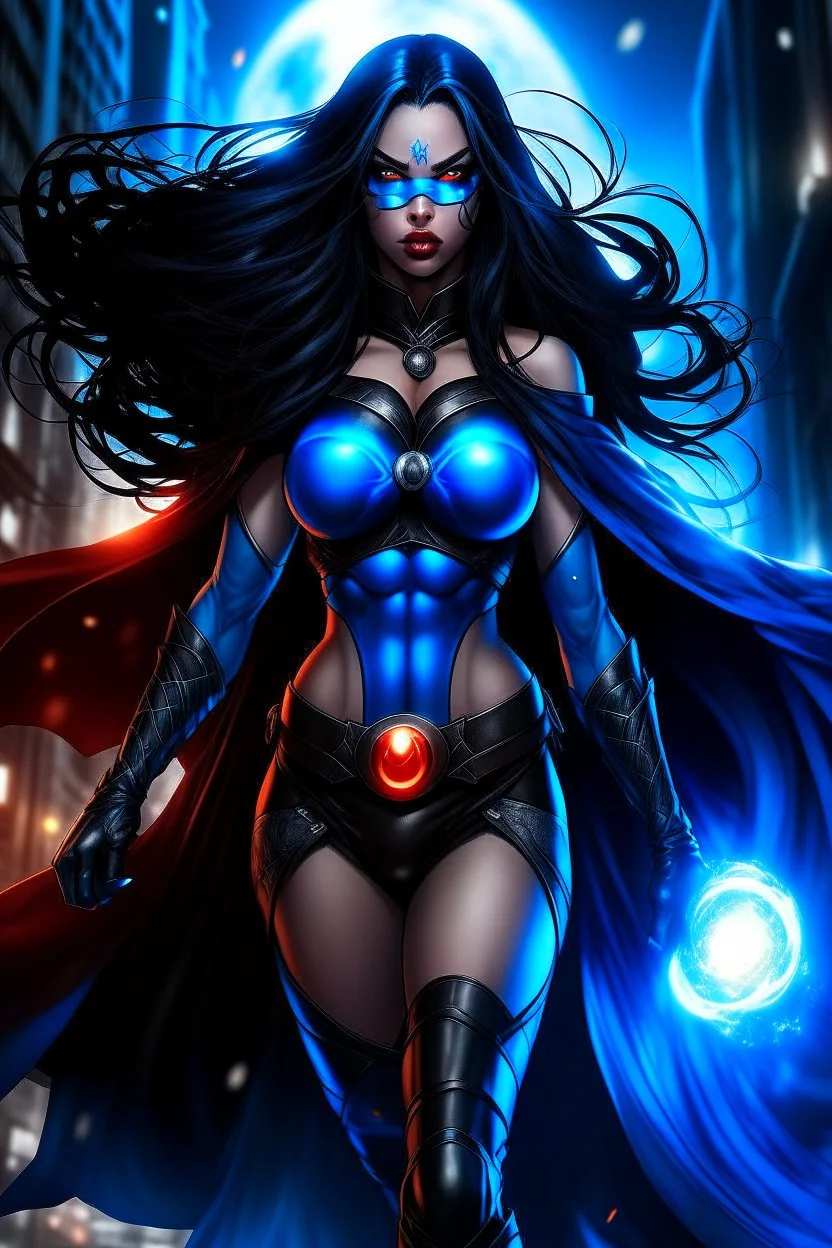 super hero woman, big body, good body, good ass, blue long hair, lighting plasma on hands and eyes, light small black costume, rude mode, cape, splashed for blood, high quality details, intrincate details, street and moon background.