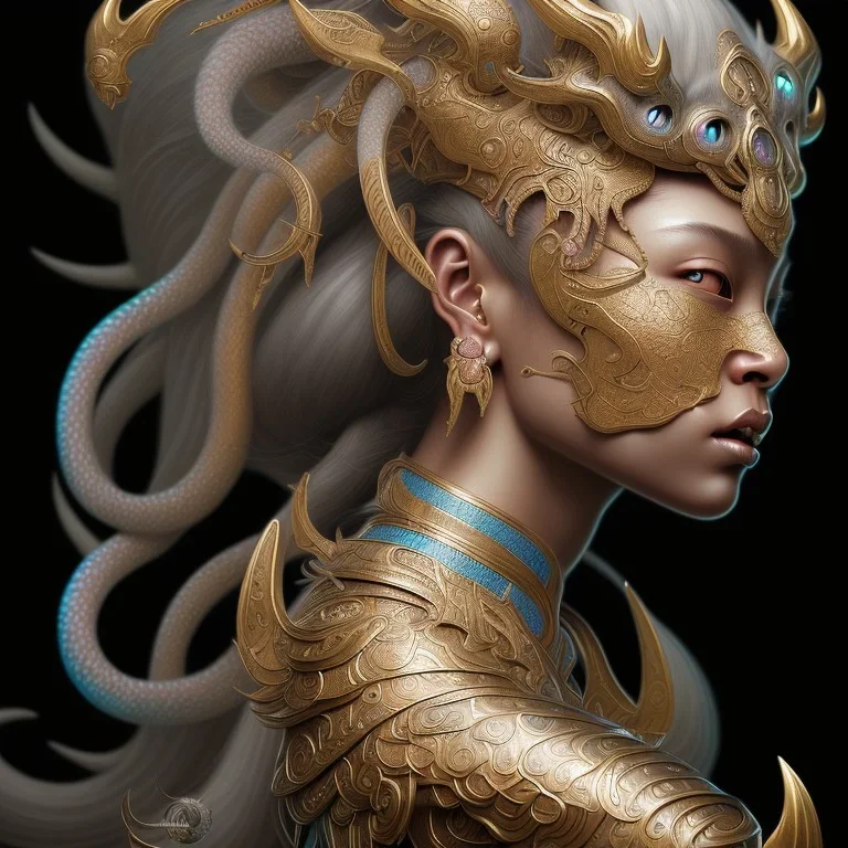 Sango fantasy, fantasy magic, intricate, sharp focus, illustration, highly detailed, digital painting, concept art, matte, art germ and Paul Lewin and Kehinde Wiley, masterpiece Indonesian lady head bronze tiger Asian African girl nice breast Thai hair turquoise silver waves