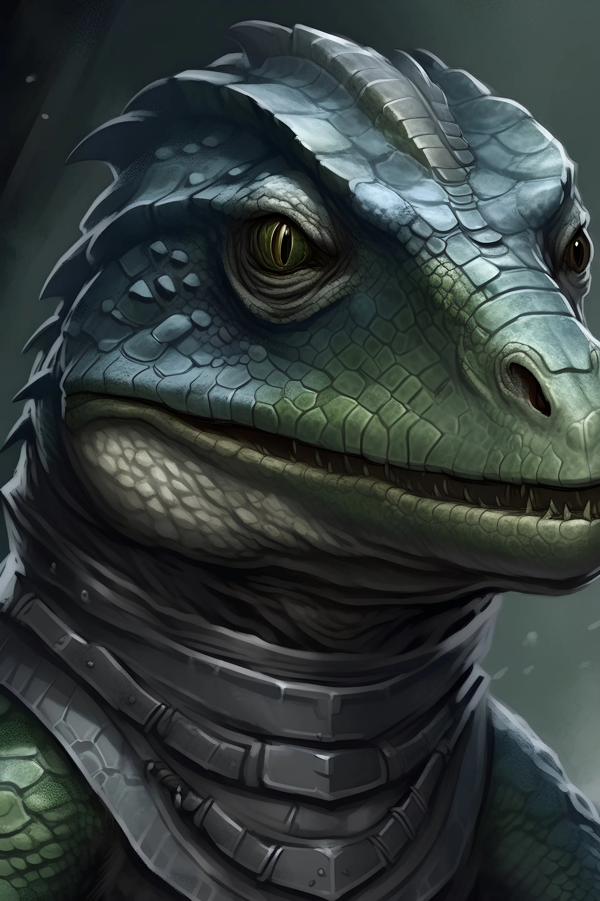 Portrait of steel grey scaled humanoid lizard in pathfinder rpg