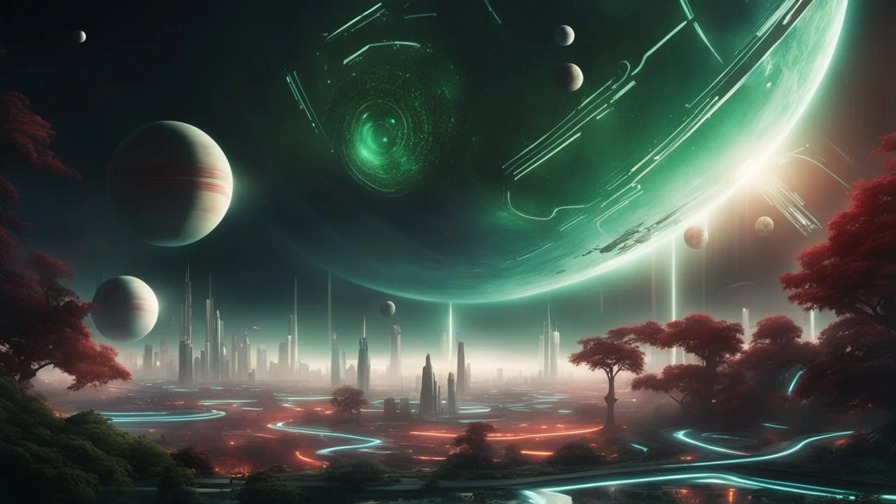 hyper realistic, tron legacy movie, beautiful green planet, space ships and few planets on the left, city of the future with green and dark red trees ,