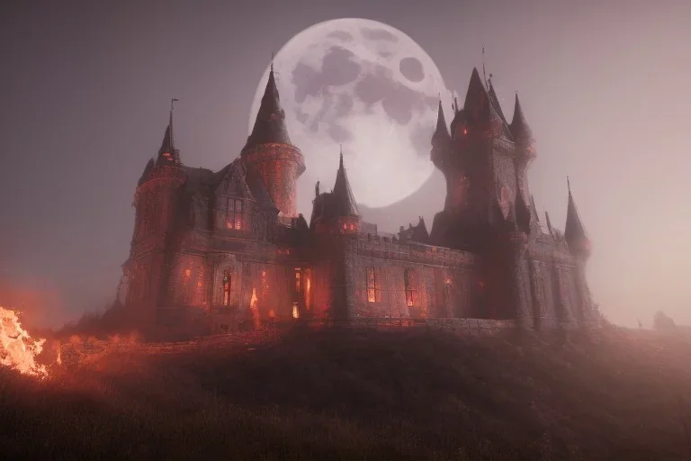 epic castle burning under the moon