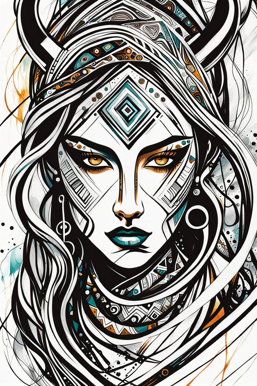 create an abstract expressionist illustration of a deeply spiritual, ethereal, darkly magical, epic nomadic tundra huntress with highly detailed and deeply cut facial features, searing lines and forceful strokes, precisely drawn, inked, with vibrant striking colors