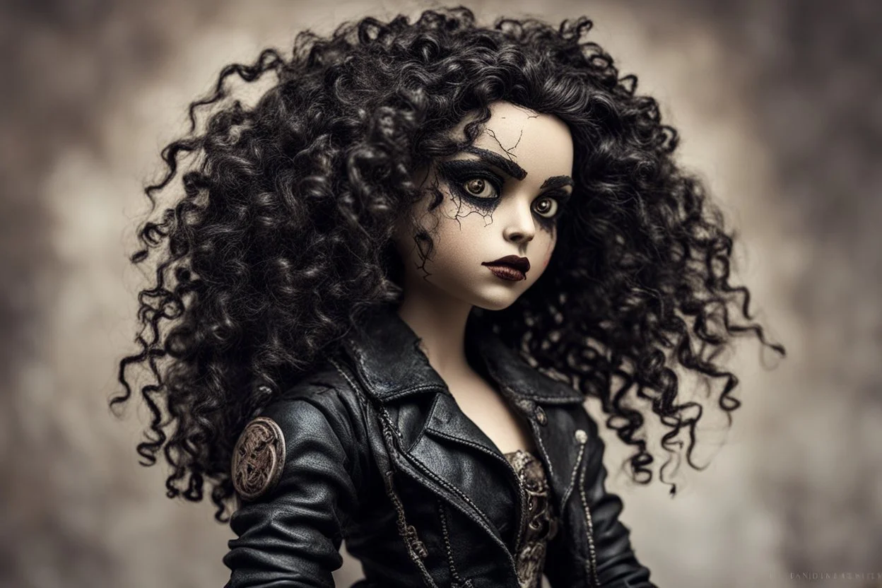 full color, illustration of a dark, menacing, curly haired, black leather clad motorcycle girl, tall and willowy , as a decayed, broken, crude homemade cloth doll toy, with a cracked porcelain face, thick dark eyebrows, hair made from ragged strips of cloth, in the style of Nadya Sheremet