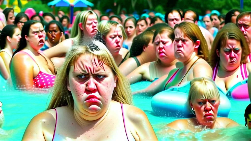 woman pouting at a crowded water park