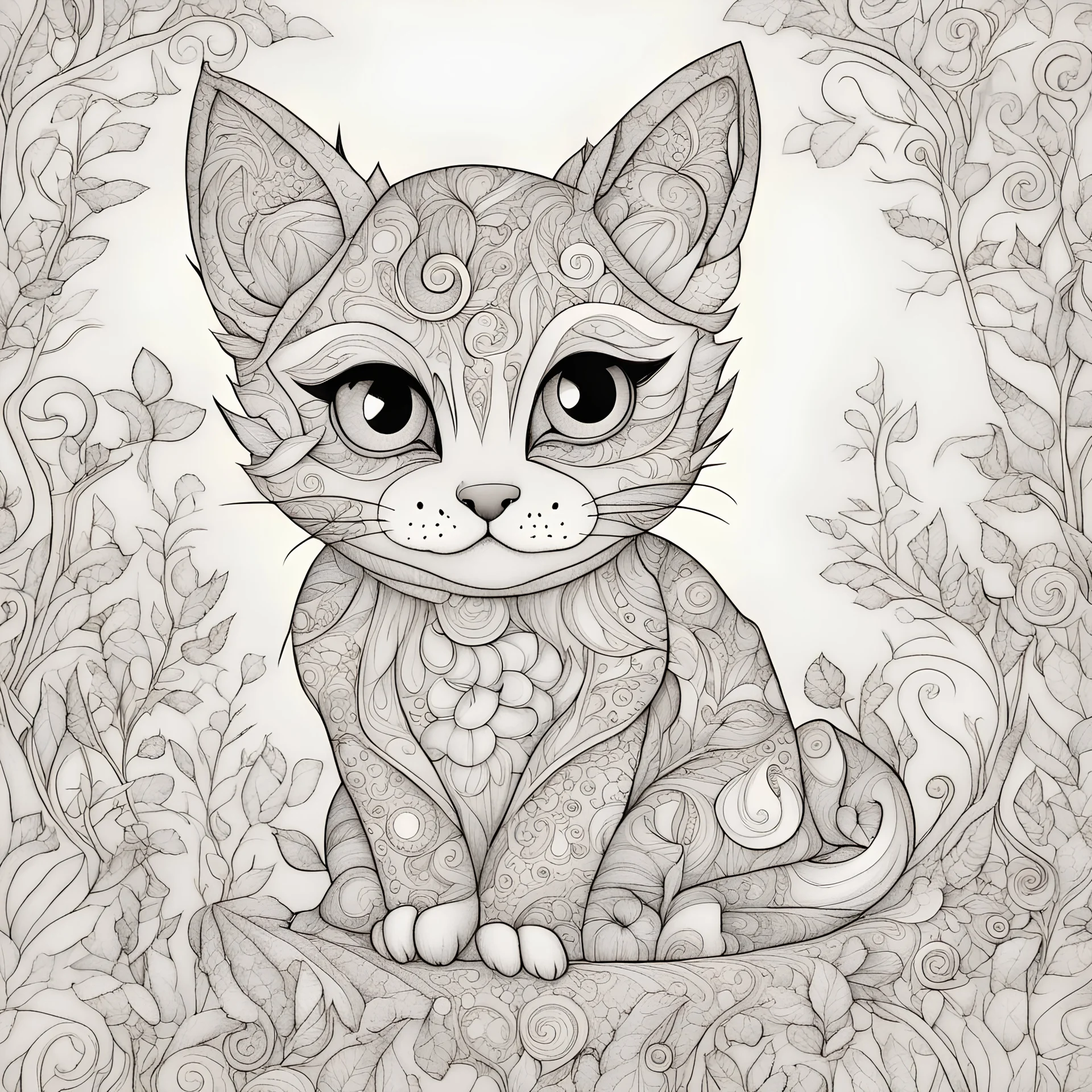 A cute {feline} with round, expressive eyes, enchanted forest.Coloring Book Page