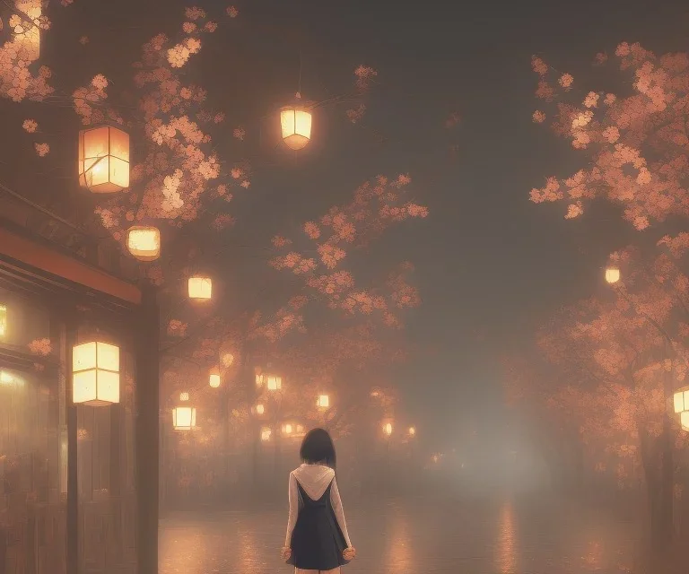 misty foggy area with a geisha in the middle of a bright japanese city at night