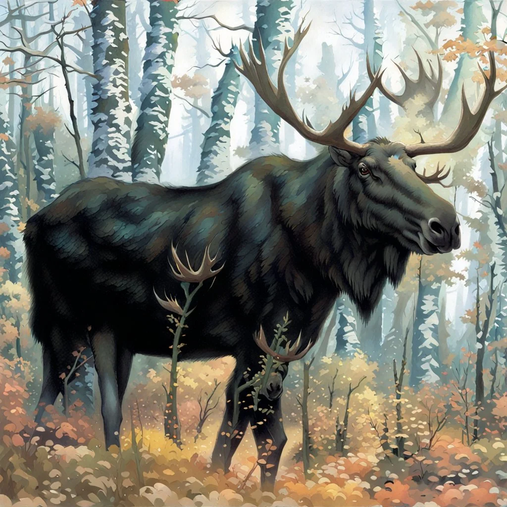 90's fantasy tcg art of a moose in forest