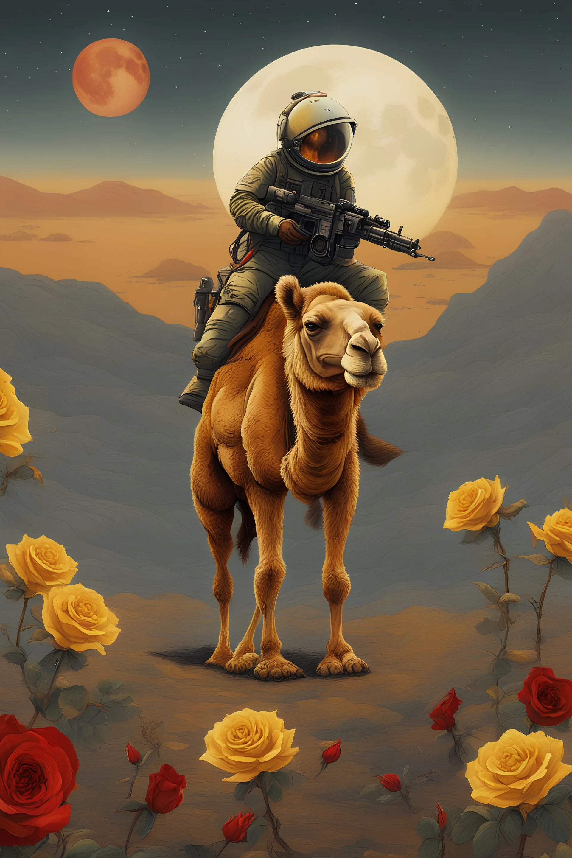 A weird abstract image of an oasis, a camel, astronot, broken bicycle, bush of yellow roses, clear skies with red moon, army tanker, weird, chaos80