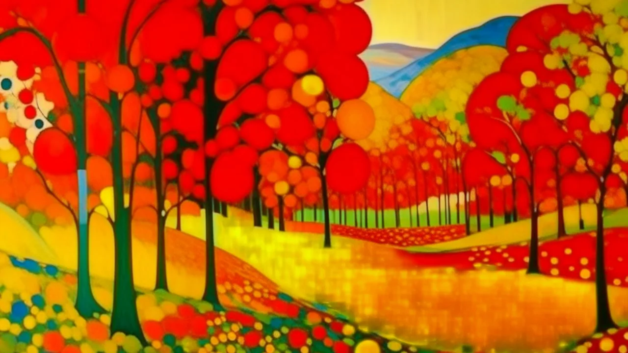 A red plain with ginkgo biloba trees painted by Wassily Kandinsky