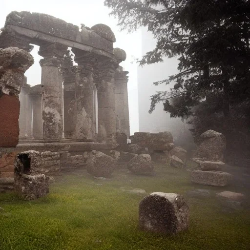 ancient ruins fog bonfire