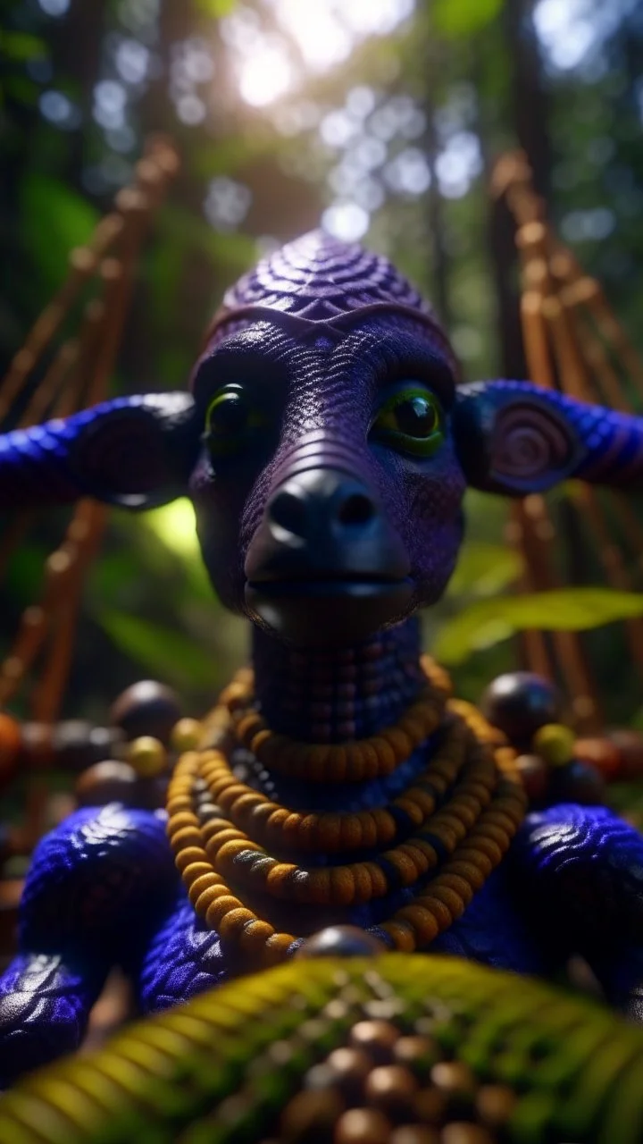 close up portrait of a happy blessed buffalo soldier space alien woven into a sacred geometry knitted tapestry hammock over an ant hill in the middle of lush magic jungle forest, bokeh like f/0.8, tilt-shift lens 8k, high detail, smooth render, down-light, unreal engine, prize winning