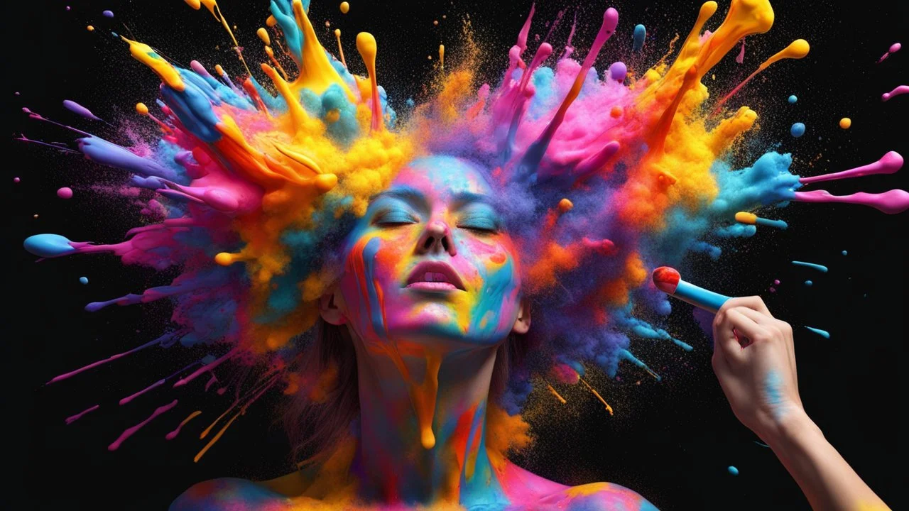 Woman, Colorful paint explosion 3-D, 4K, HDR, resolution, black background