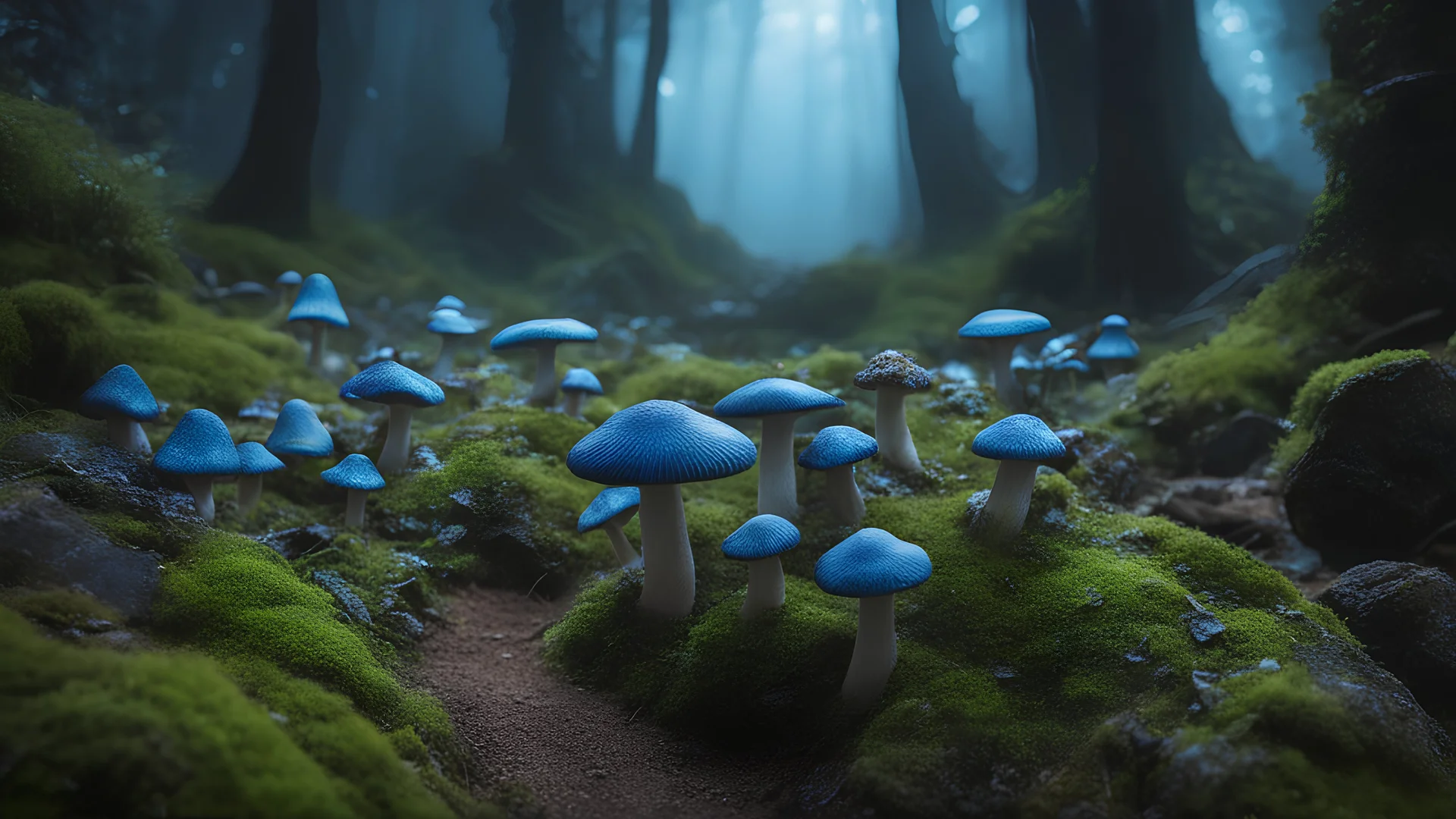 Photoreal gorgeous many blue and green giant mushrooms as far as the eye can see with a winding rocky path through them in the pitch black underdark of the Forgotten Realms. otherworldly creatures, in the style of fantasy movies, shot on Hasselblad h6d-400c, zeiss prime lens, bokeh like f/0.8, tilt-shift lens, 8k, high detail, smooth render, unreal engine 5, cinema 4d, HDR, dust effect, vivid colors.