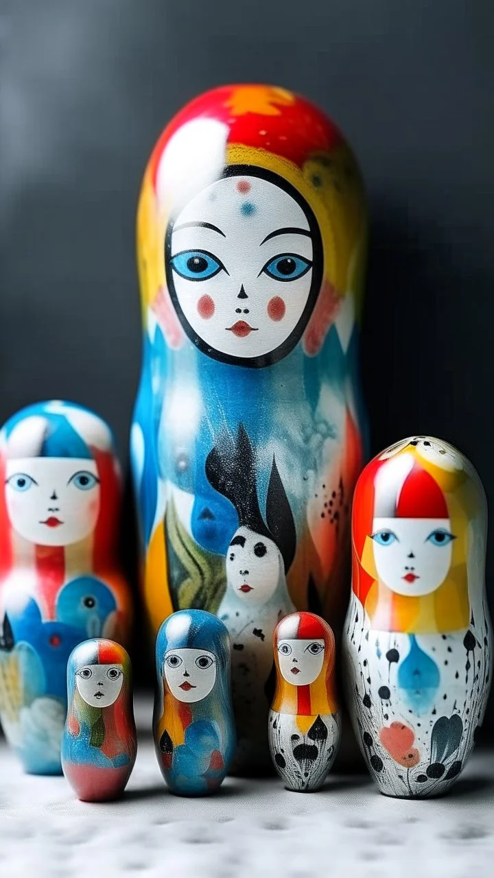 A white cloudy sky with icy music notes designed in Matryoshka dolls painted by Paul Klee