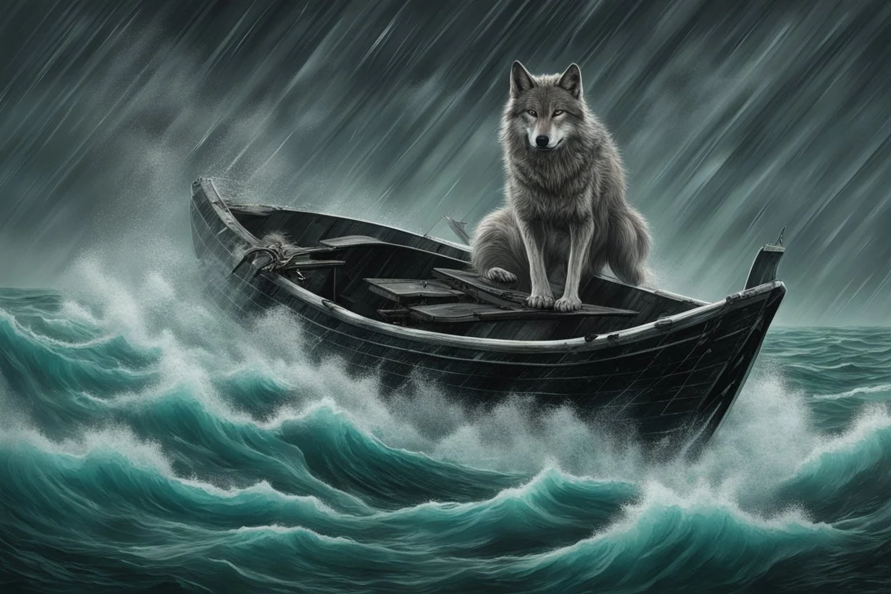 A giant lumbering grey wolf attacks a tiny boat in a stormy sea, a dark, ominous image, black, turquoise (a little closer to green) and white colours, rain, wind, lightning, dynamic, surreal. And a cat. Definitely a cat.