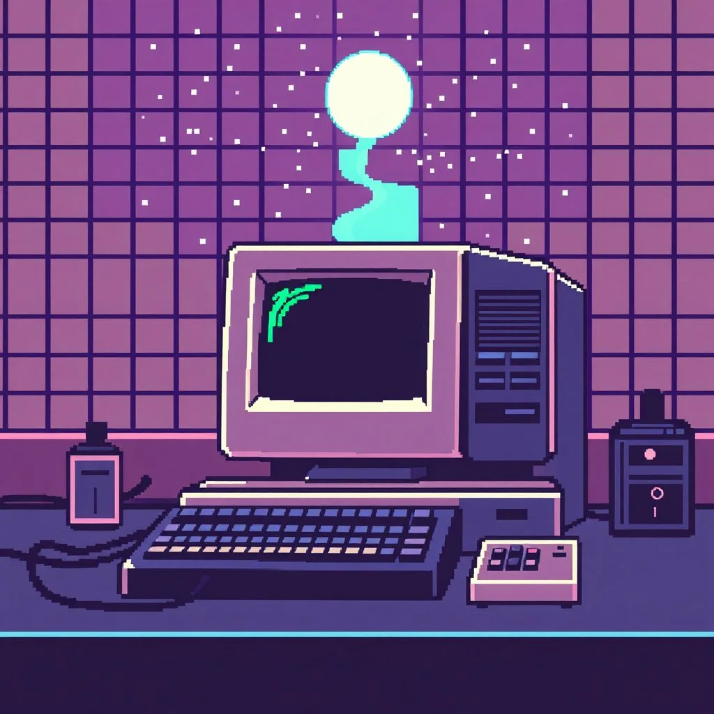 8 bit pixelart of retro pc-98, synthwave
