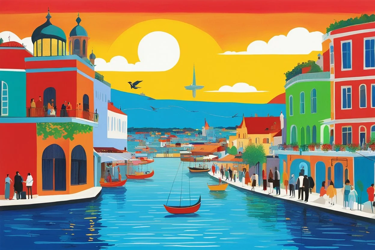 [dask surreal fantasy illustration by David Hockney] In a slightly altered version of our world, Istanbul pulses with life where the ancient and the fantastical intertwine. Markets brim with vibrant colors and enticing aromas, while cafes buzz with the chatter of locals and travelers alike. The Bosphorus Strait, shimmering under the sun, serves as both a stunning natural barrier and a vital artery, separating continents and cultures.