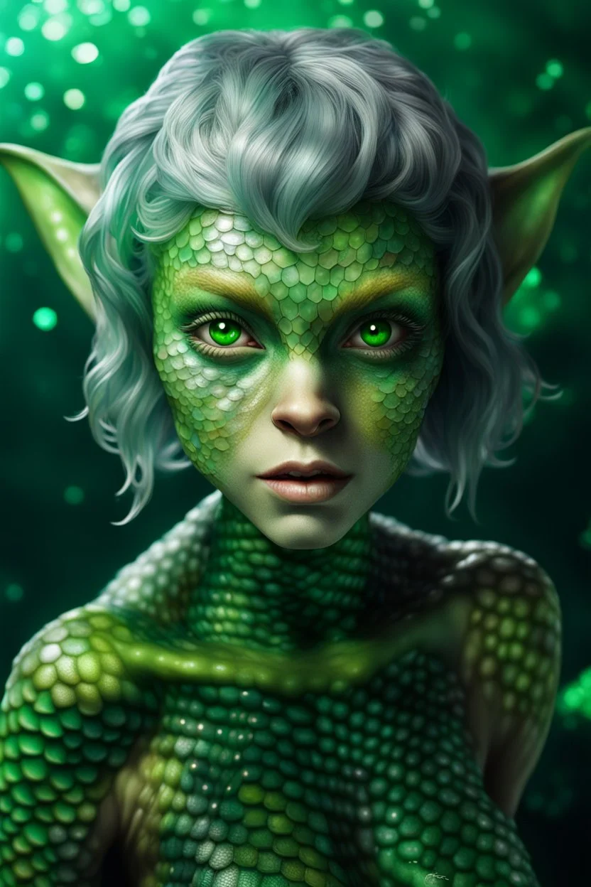 airbrush with pen outline, an intense alluring gremlin smeagol alien mermaid with wet short grey hair tucked behind ears, she has green eyes and light freckles. her entire body is covered in gradiated dark to light green mottled hexagon scales that transistion into skin at neck, , inside space ship with much technology and wild colorfull green plants