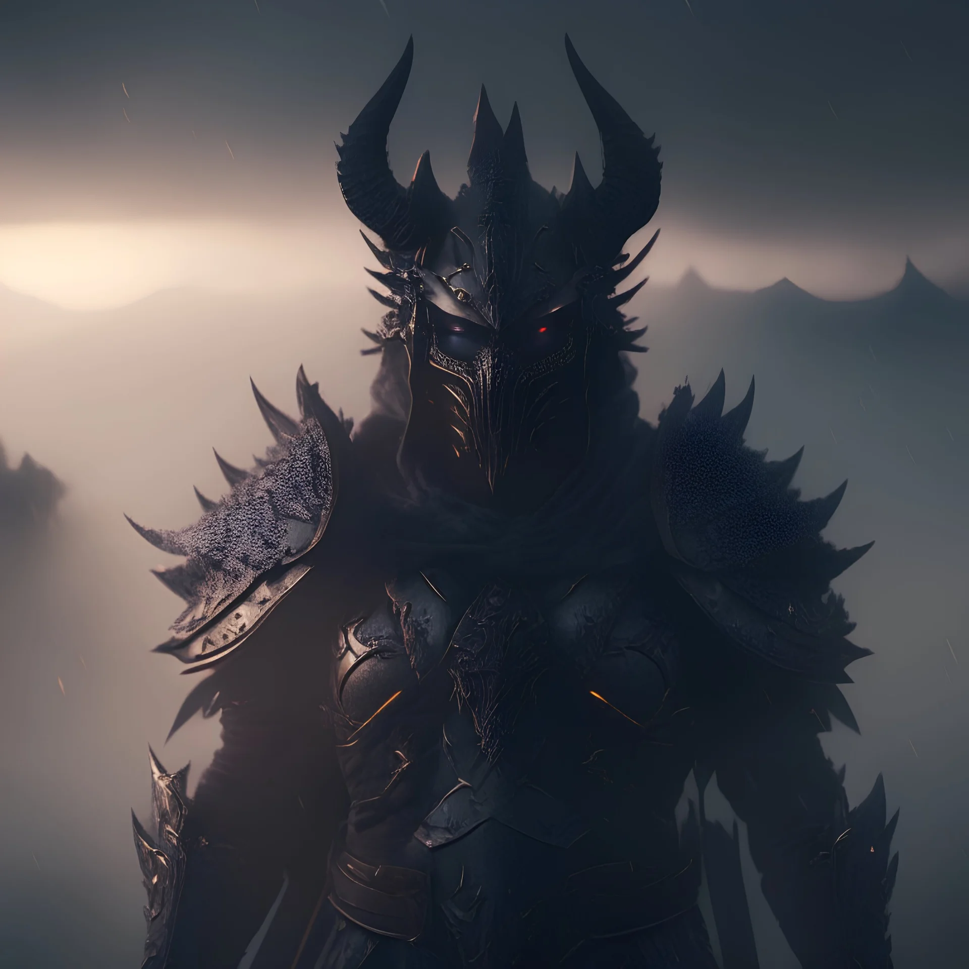 Photoreal magnificent fantasy dragon warrior god in ultra powerful armor in mystic dark fog at early dawn by lee jeffries, 8k, high detail, smooth render, unreal engine 5, cinema 4d, HDR, dust effect, vivid colors
