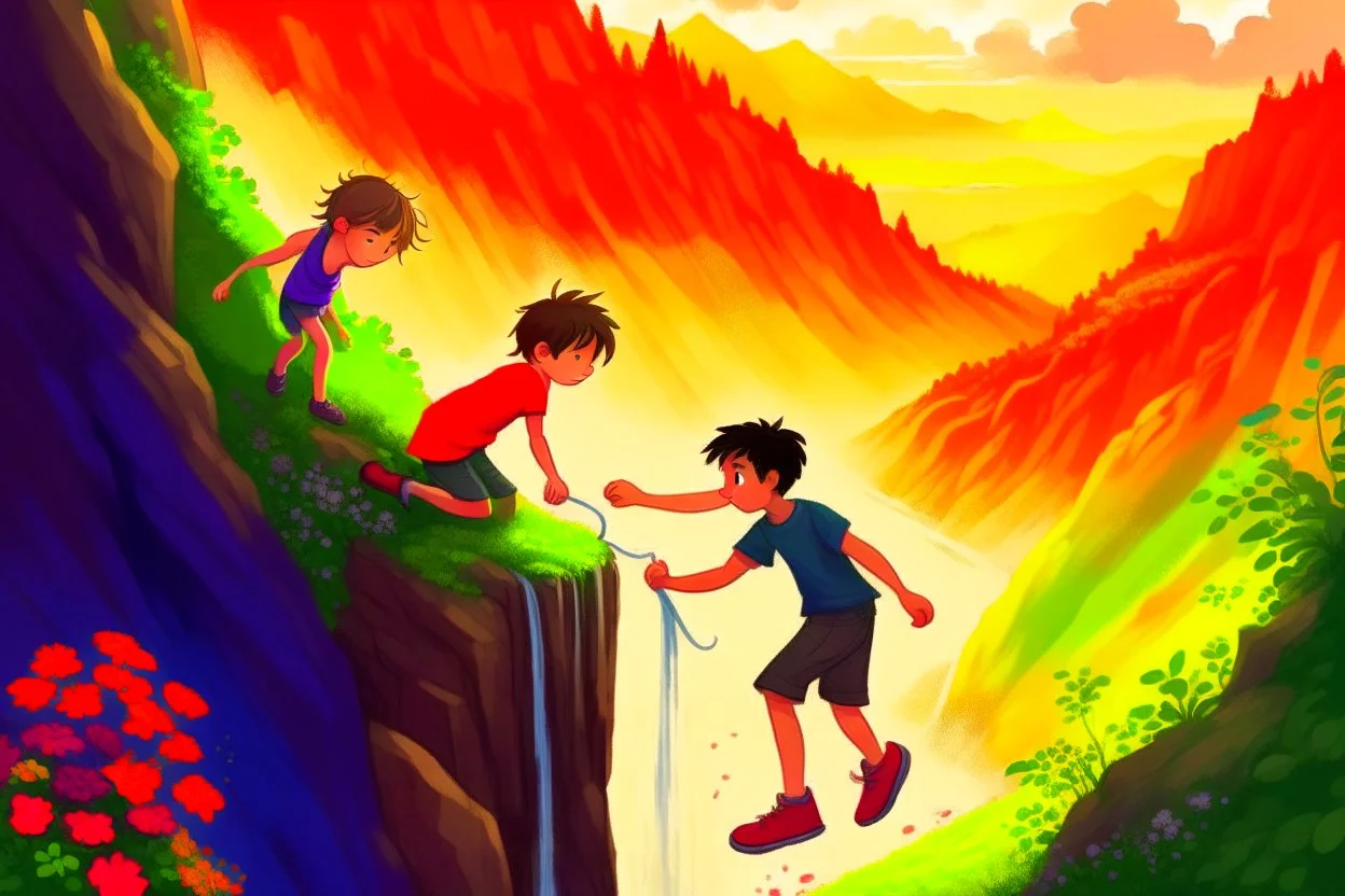 a boy is hanging on the edge of a cliff, holding on, another boy is helping him, holding his hand from above, flowers on the edge of the cliff, waterfall in the sunlight in the background