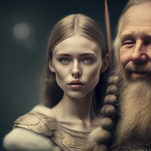 Viking theme, a younger woman sitting next to a 50-year-old man, portrait, 8K, close-up face, anatomically perfect face, Highly detailed stunning full frame portrait, misty and cloudy atmosphere