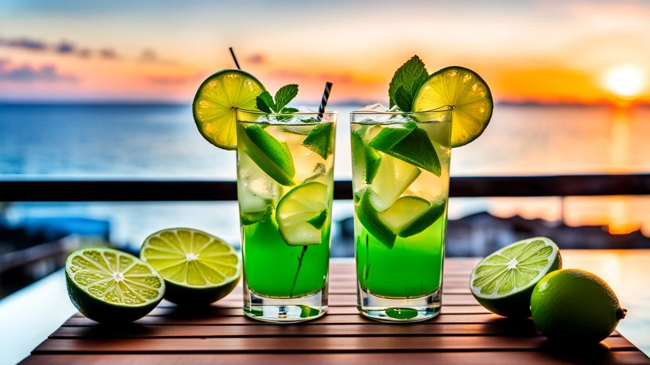 Two glasses of a mohito coctail beverage with lime are on a dining table on the balcony, overlooking a beautiful sea waterfront view. sunset, warm lights, harmonic calm mood, highly detailed, high contrast, perfect lights, masterpiece