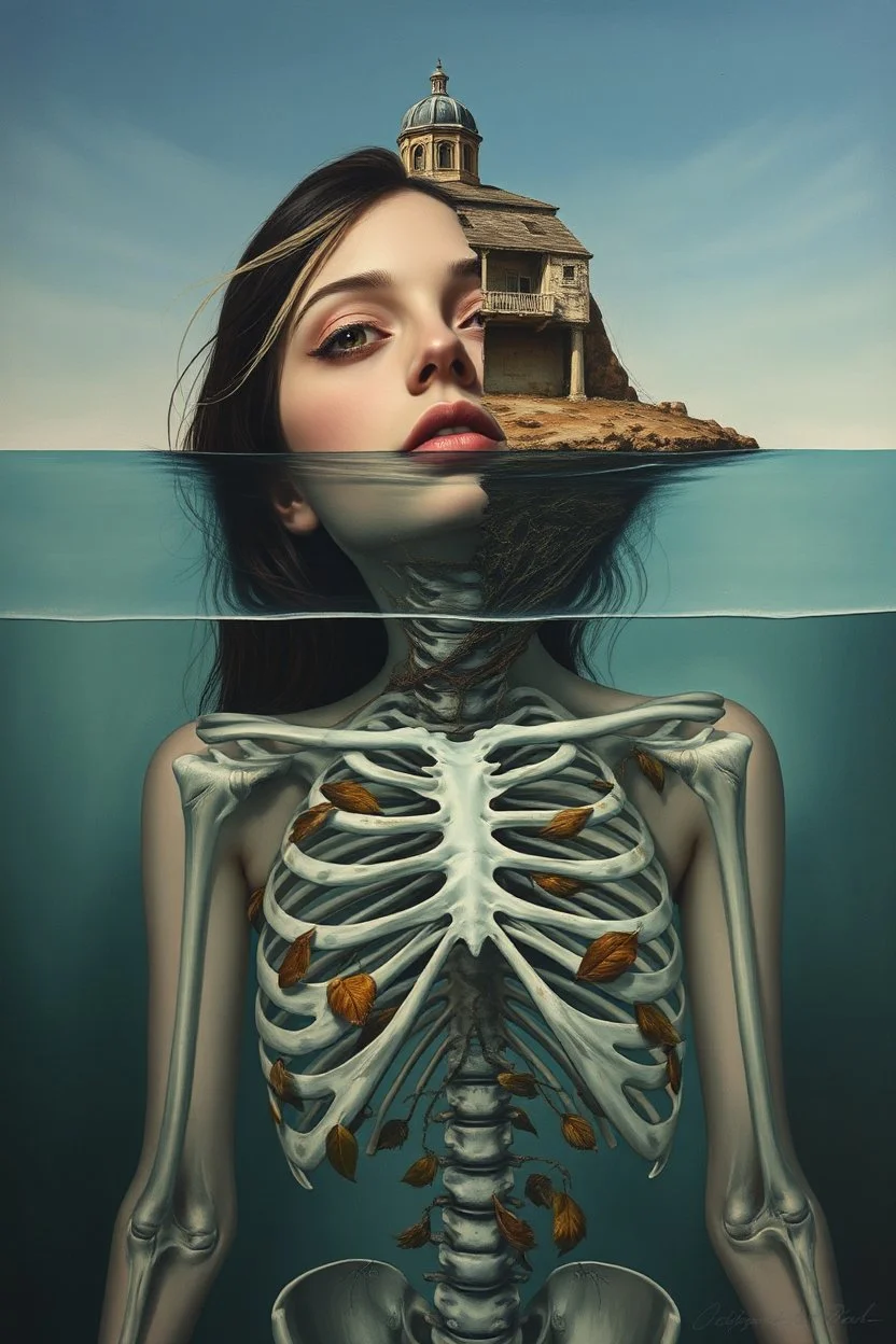 surrealistic painting depicts a woman submerged in water, with only her face visible above the surface. Her hair is dark brown with blonde highlights, and her eyes are a warm brown. Below the waterline, her torso is replaced by a skeletal ribcage entwined with translucent, organic root-like structures and dried leaves, revealing the internal decay beneath the skin. The upper part of the painting features a dilapidated, light-colored building with multiple levels and a dome, seemingly floating on