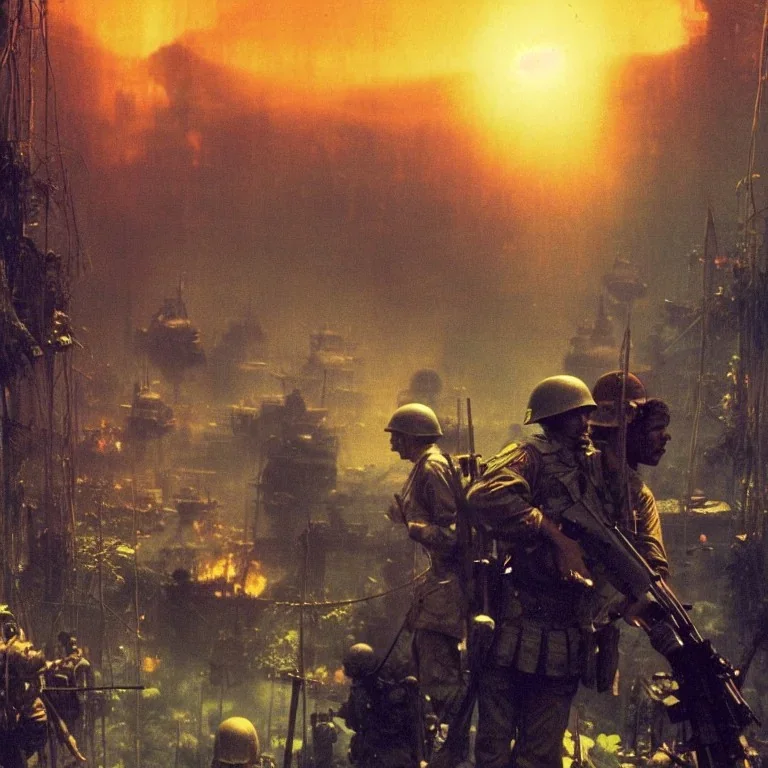 vietnam war. war report. jungle. poster. bokeh. lens flare. warm lights. high detailed. beksinski