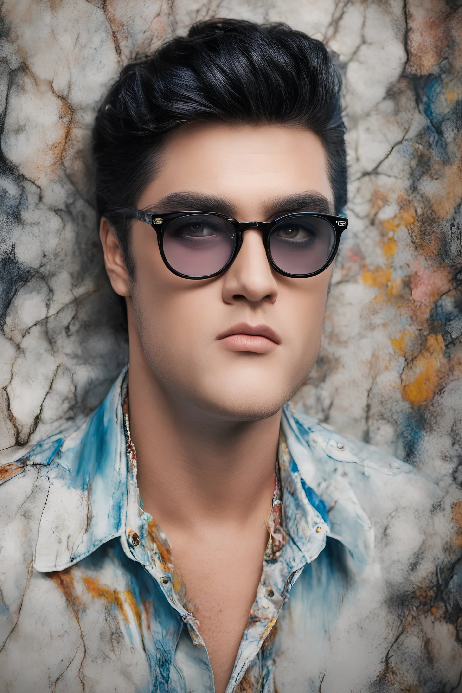 Elvis Presley, Lucy Hale Hybrid, thick, black framed, dark tinted, cat-eye eyeglasses, 4k UHD, photorealistic, bright, extremely colorful, multicolored, foggy, gradated marble wall background, extremely detailed skin texture,