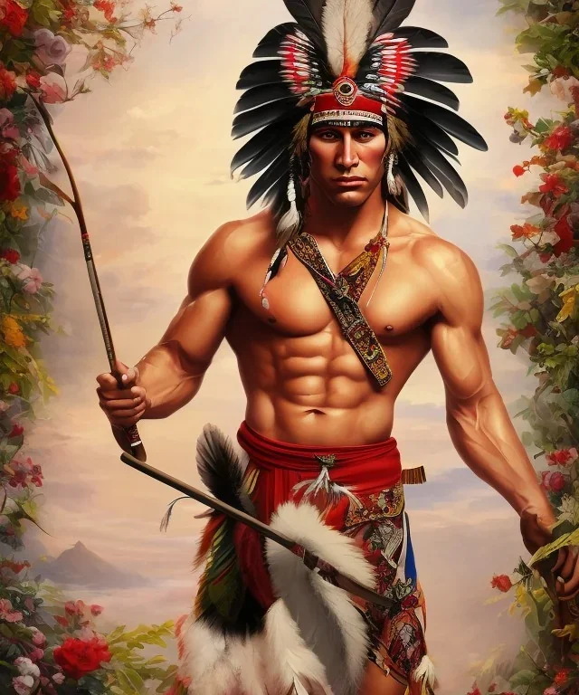 Guaicaipuro, native american god warrior, long black hair, big muscles, red feathers headdress, shirtless, holding a stone tip spear