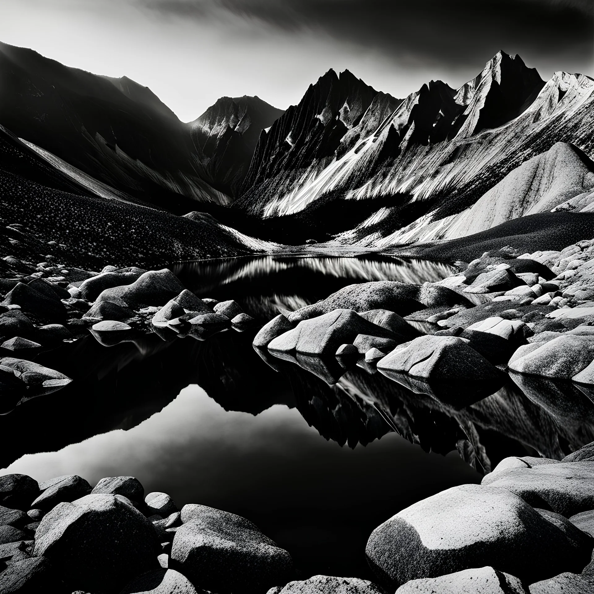 Sublime foto close-up Ilford colors ad alta definizione di una montagna rocciosa e falsa, un lago falso, decal, bas-relief, surreale, collage art, dadaism, sublime, splimapys, cielo nero, acqua nera riflette un sole nero, macabre piante circondano il lago, alghe, hypermaximalist, Max Ernst style, strangeness, intricate, hypnotic, obsessive, 8k, deep 3d field, very accentuated details of the rocks and shtn, eerie, artistic photo, shot on Hasselblad, large format film, medium format film