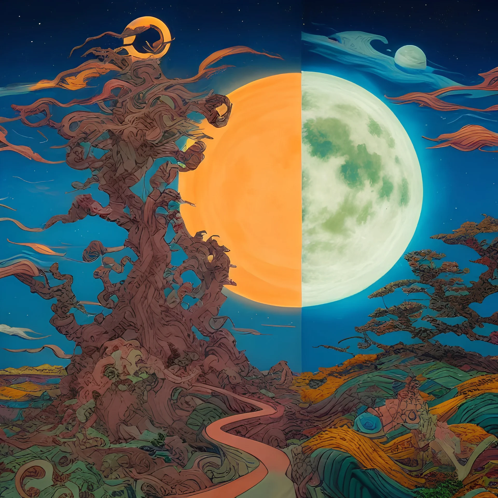 Night and day at the same time. Sun and moon. Epic structure. by Dr Seuss: Japanese Art: James Jean: Erin Hanson: Dan Mumford: professional photography, natural lighting, volumetric lighting maximalist photoillustration 8k resolution concept art intricately detailed, complex, elegant, expansive, fantastical