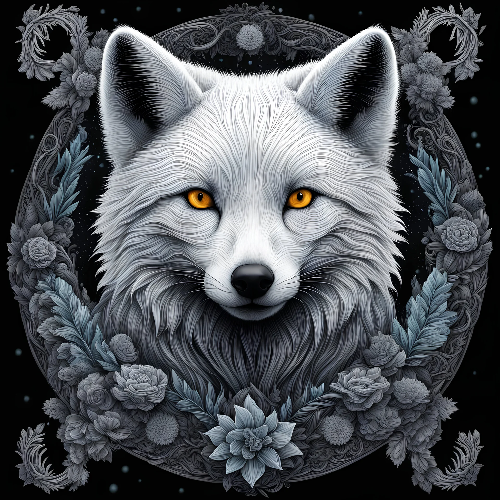 arctic fox I centered | symmetrical | key visual | intricate | highly detailed | iconic | precise lineart | vibrant and natural all round colors | comprehensive cinematic | very high resolution | sharp focus | poster | no watermarks I plain black background I image to fit within the square