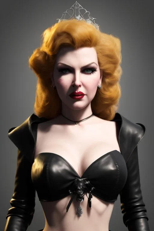 Lana Turner as evil queen in black leather, leather, busty, cleavage, angry, stern look. character design by cory loftis, fenghua zhong, ryohei hase, ismail inceoglu and ruan jia. unreal engine 5, artistic lighting, highly detailed, photorealistic, fantasy