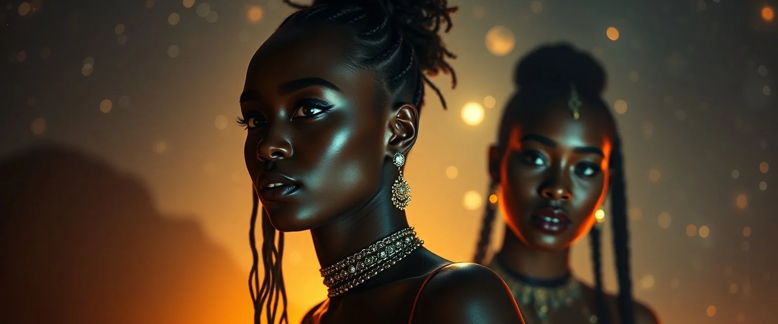 portrait, From the shadows, they rise, with a spark in their eyes, Ethereal echoes of a world we once knew, With the glam and the glamor, we reach for the skies, Cosmic rhythms pull us through, [Chorus] Suti came for our world, with the power to ignite, Dancing through the stars, we find our light.