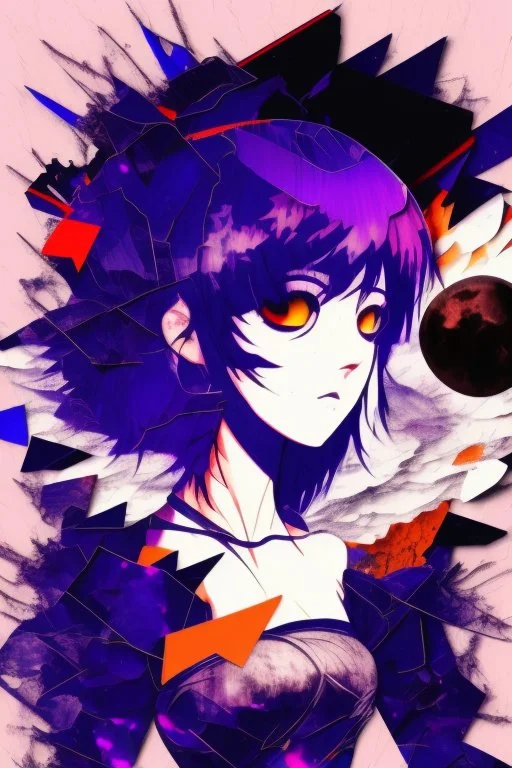 Explosive abstract collage style image of a beautiful anime girl, dramatic, pieces of cloth material, textured moon in background, bob wire, gothic sureoundings