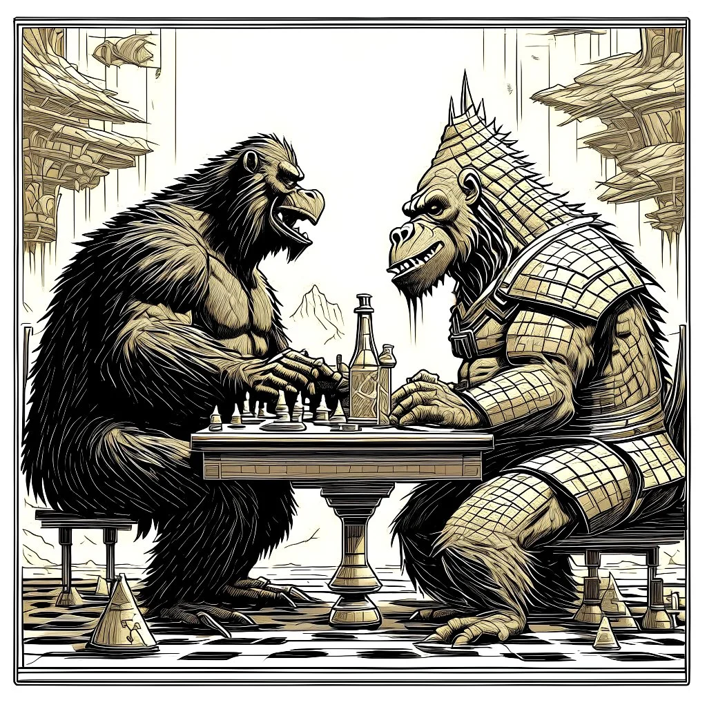 a Godzilla and king kong playing a game of chess