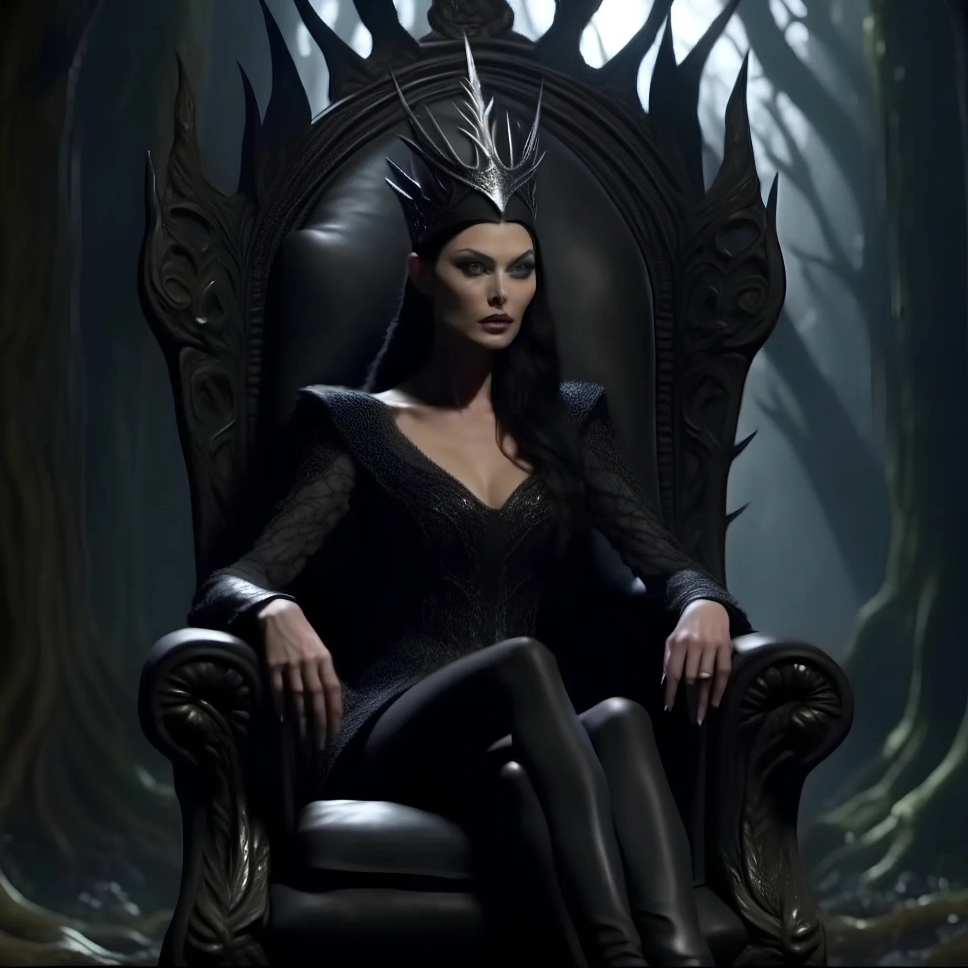 Morena Baccarin as a beautiful sexy dark elf queen seated elegantly on a throne in a mystical forest